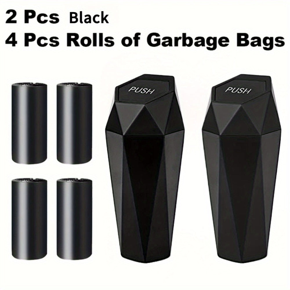 Diamond-Pattern Mini Car Trash Can Pair with Four Bag Rolls, Push Lids and Four Color Choices