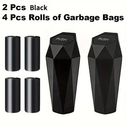 Diamond-Pattern Mini Car Trash Can Pair with Four Bag Rolls, Push Lids and Four Color Choices