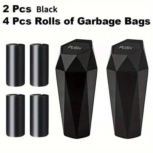 Diamond-Pattern Mini Car Trash Can Pair with Four Bag Rolls, Push Lids and Four Color Choices