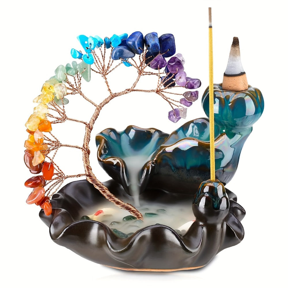 Backflow Incense Burner Crystal Money Tree Waterfall Smoke Incense Holder Ceramic Cone Stick for Entryways, Bedrooms and Living Spaces