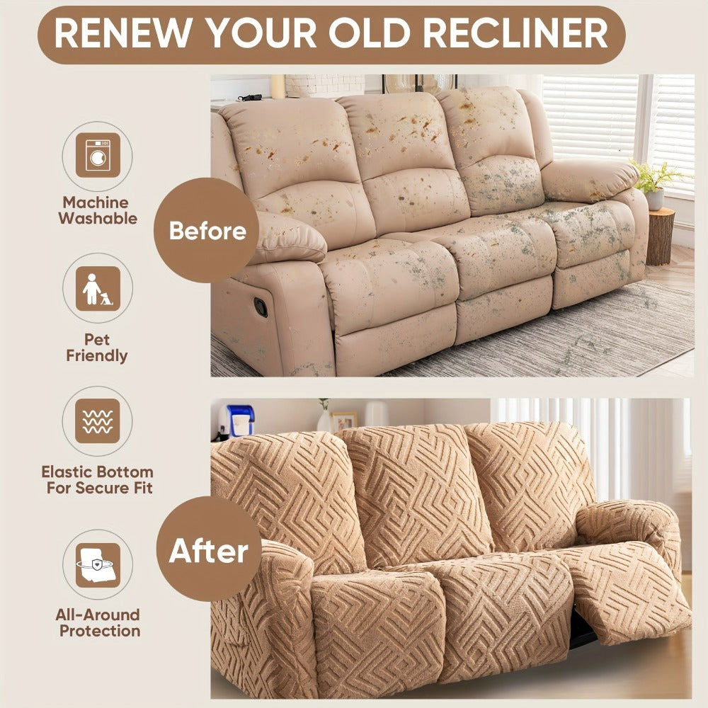 Sofa Cover Three-Seat Jacquard Knit Slipcover with Side Pocket, Elastane Stretch and Seven Solid Colors