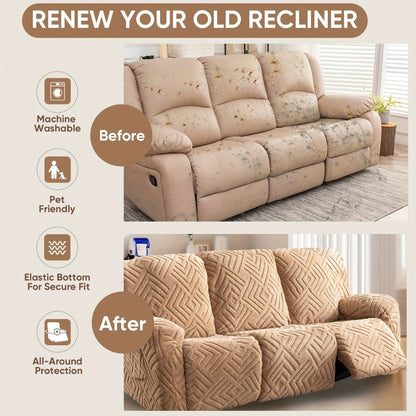 Sofa Cover Three-Seat Jacquard Knit Slipcover with Side Pocket, Elastane Stretch and Seven Solid Colors