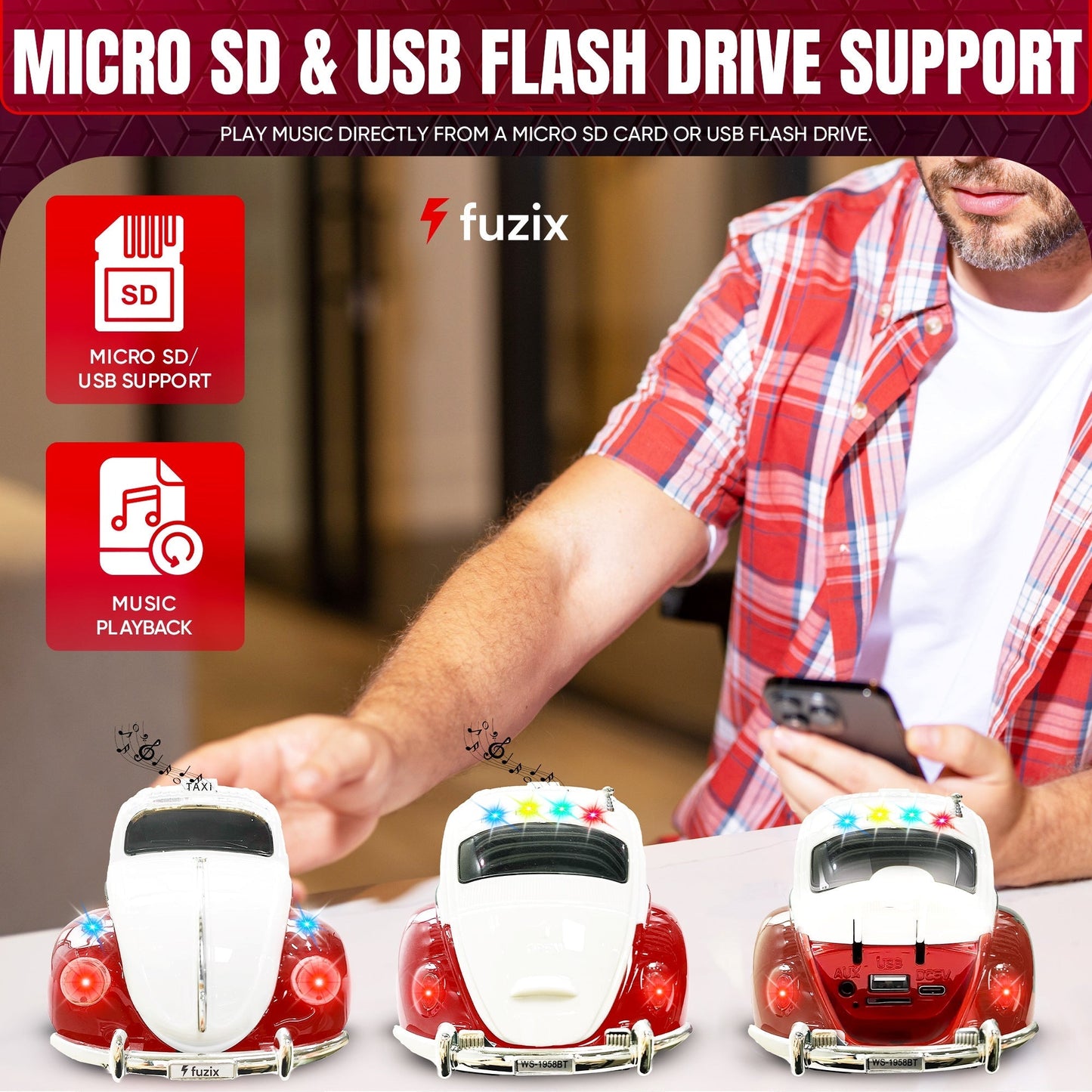 Fuzix WS-1958 Vintage Car Bluetooth Speaker with LED Headlights & Taillights | Retro Wireless Stereo, FM Radio, AUX/USB/TF, Built-in Mic