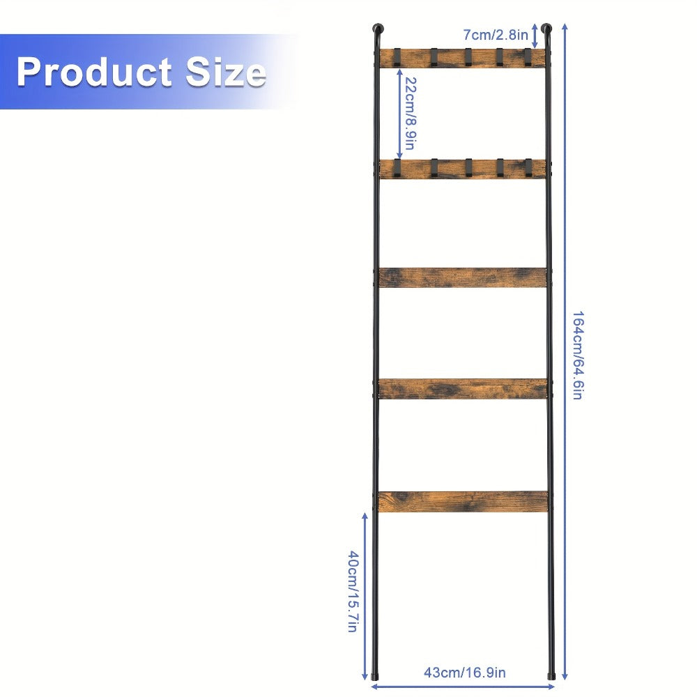 Blanket Ladder Storage Organizer 5-Tier Metal Rack with 10 Detachable Hooks in Brown or Black