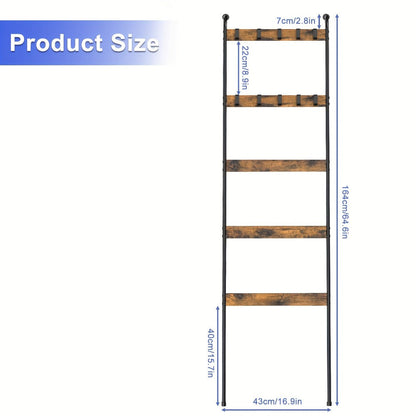 Blanket Ladder Storage Organizer 5-Tier Metal Rack with 10 Detachable Hooks in Brown or Black