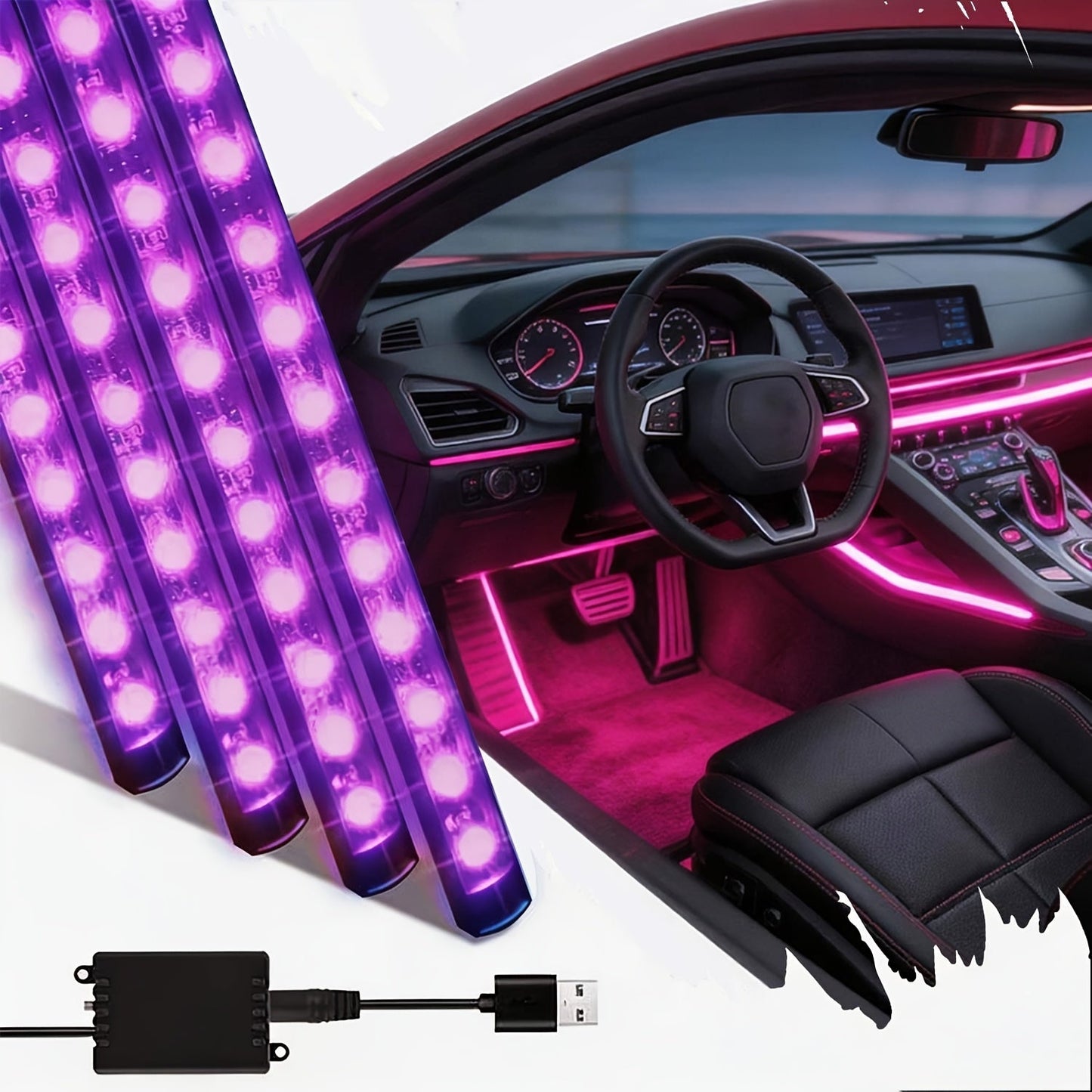Four-Strip 48-LED RGB Car Interior Light Kit with App, Remote or USB and Remote Control Options