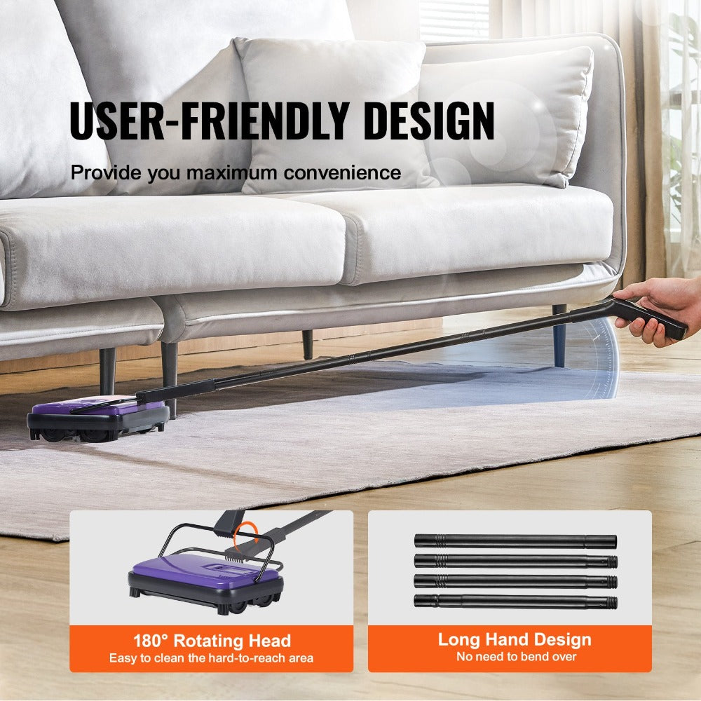 Manual Carpet Sweeper Push Non-Electric 300ml Dustbin 6.7in Width 180° Rotating Head Quiet for Entryways, Bedrooms and Living Spaces