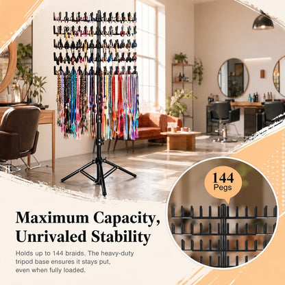 Braiding Hair Rack 144 Pegs Height Adjustable 2-Side Hair Extension Holder Stand with Tray – Foldable Portable Professional Braiding Station