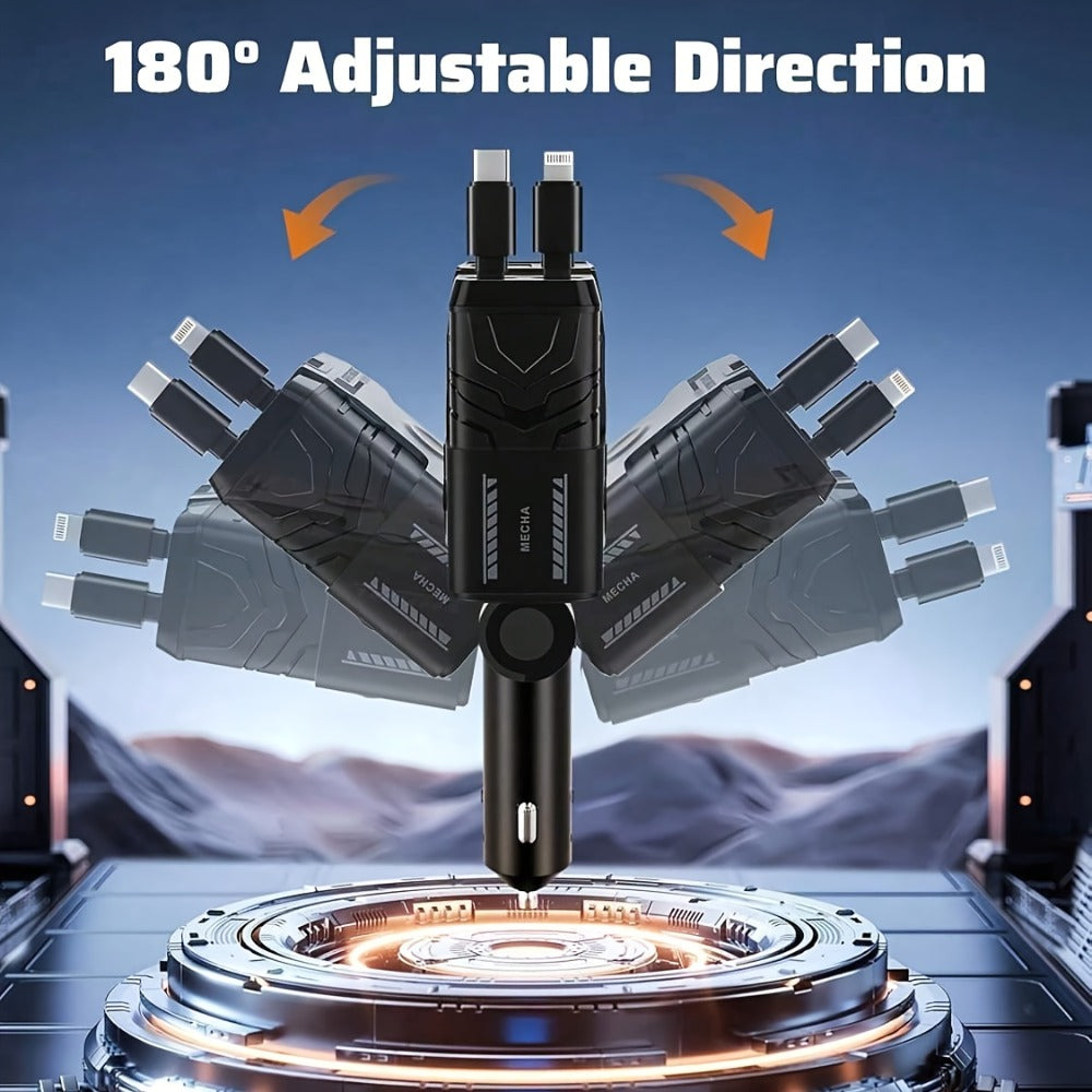 120W Fast Car Charger 4-in-1 with Retractable PD 3.0 Type-C Cable & Multi-Port USB Adapter
