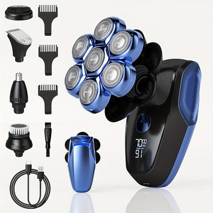7D Head Shaver Bald Men 5-in-1 Waterproof Wet Dry Electric Razor – Type-C Rechargeable 6500-7500RPM Rotary Grooming Kit with Nose Hair