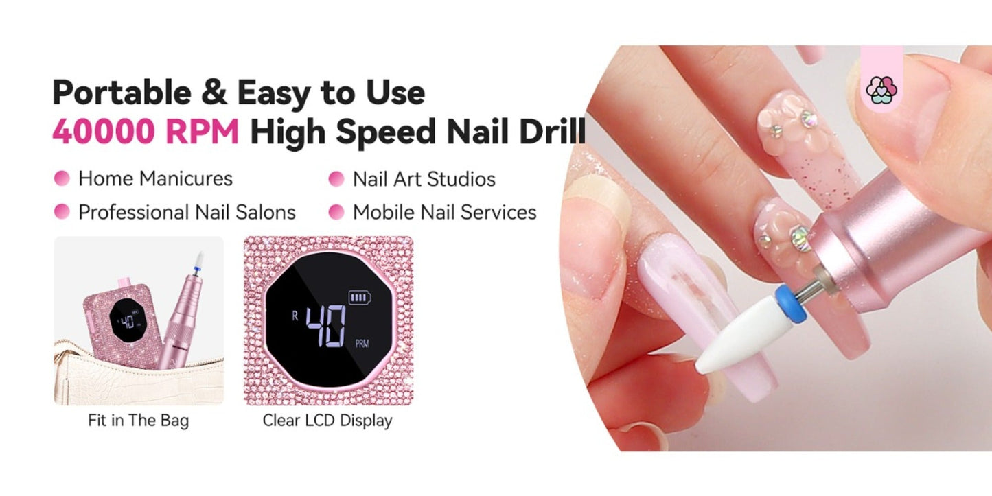 Electric Nail Drill 40000 RPM Rechargeable Professional Nail Drill Machine 4000mAh Battery LCD Display Ceramic Bits Sanding Bands