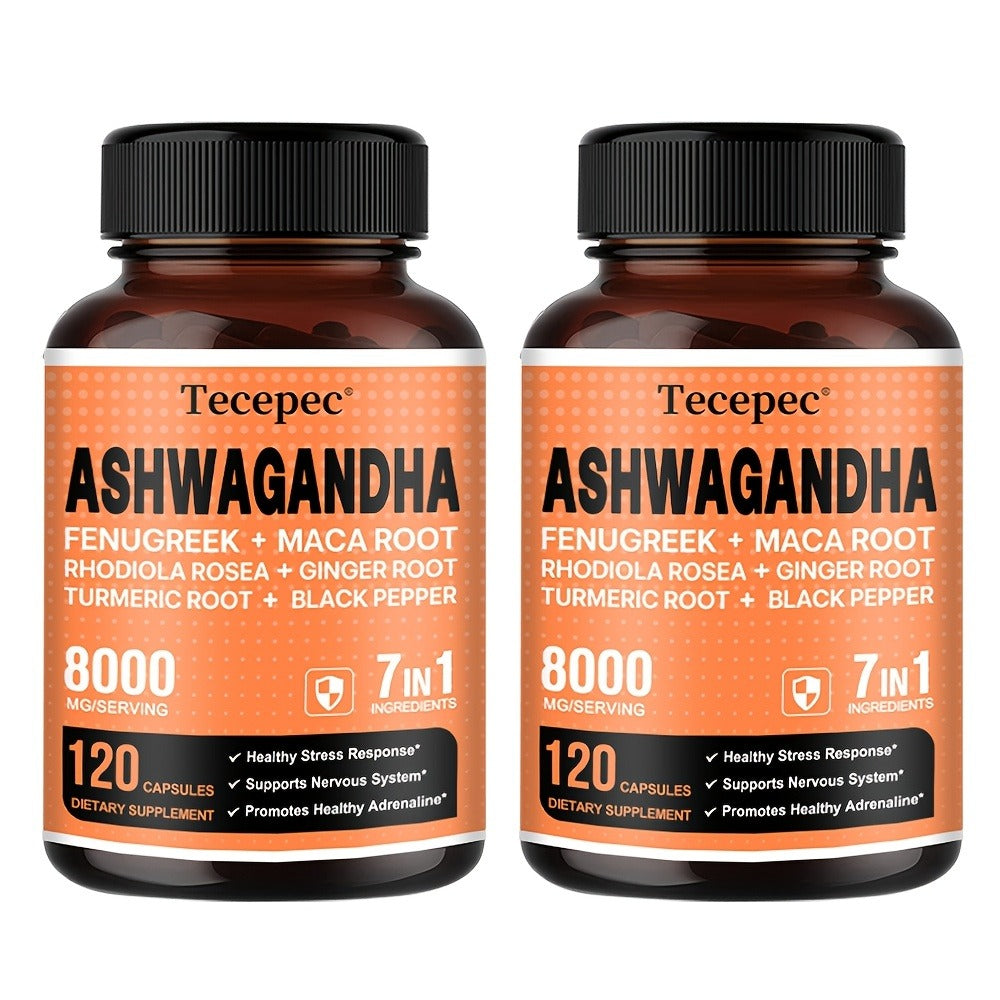 Ashwagandha Capsules 7-in-1 Adaptogen Blend 120ct with Maca Root Rhodiola Rosea Ginseng for Bath Time, Home Spa and Personal Care