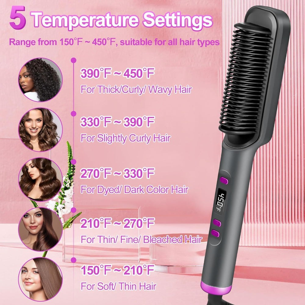 2-in-1 Hair Straightener & Curler LCD Display – 35-Second Fast Heat 4-Speed Temperature Anti-Scald Flat Iron Brush for Women with 2 Hairpins