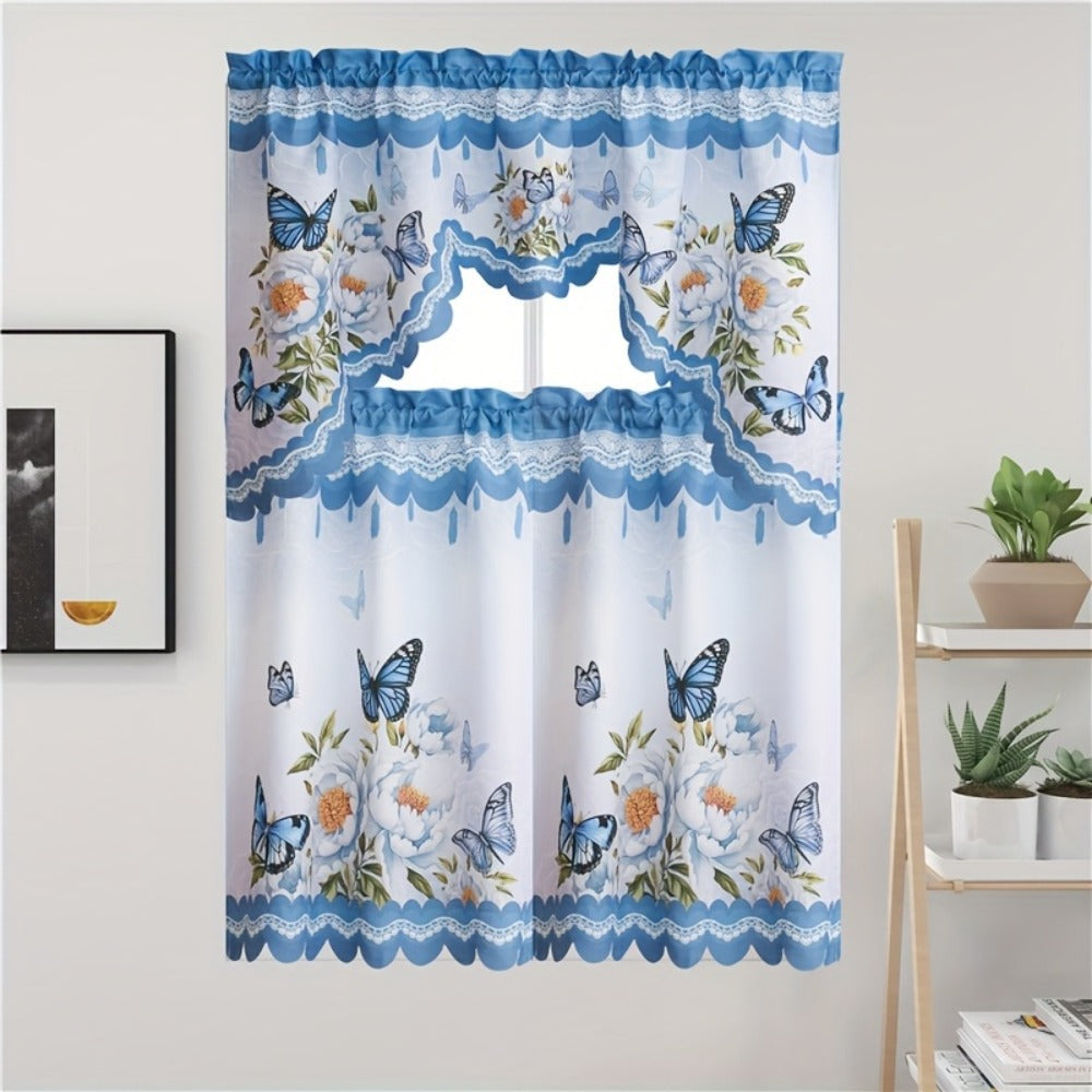 Three-Piece Butterfly Floral Window Curtain Set with Rod-Pocket Valance, Two Tiers and Four Colors