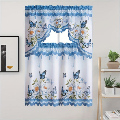 Three-Piece Butterfly Floral Window Curtain Set with Rod-Pocket Valance, Two Tiers and Four Colors