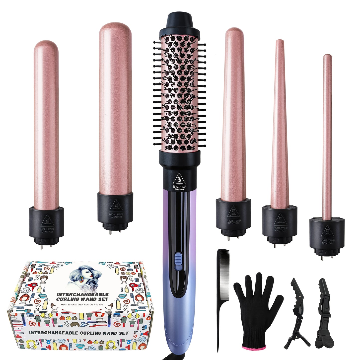 5-in-1 Curling Wand Set Ceramic Interchangeable Barrels 0.4-1.25 Inch – 30s Fast Heat, for Home, Travel and Salon Hair Styling