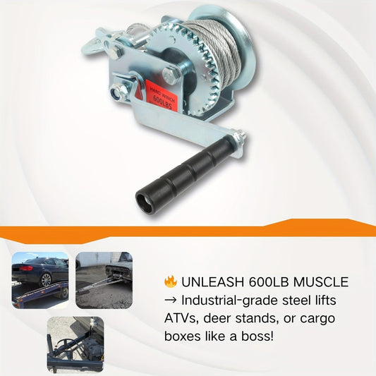 Manual Hand Winch Carbon Steel 800- - Double Brake Safety System, Strap Winch with Mooring Hook & Safety Pawl