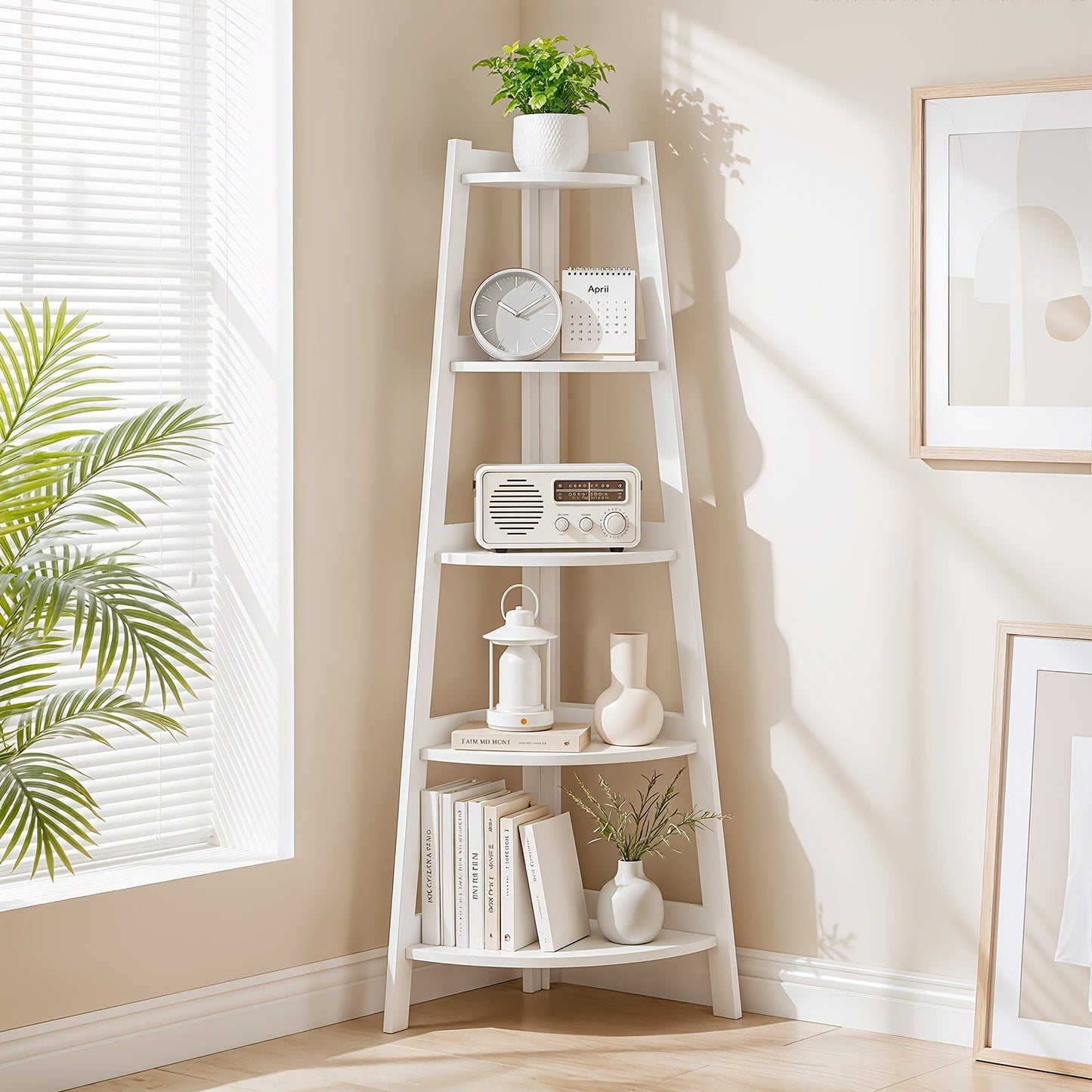 White Five-Tier Ladder-Style Freestanding Corner Shelf, Approximately 110 cm High and 34 cm Wide