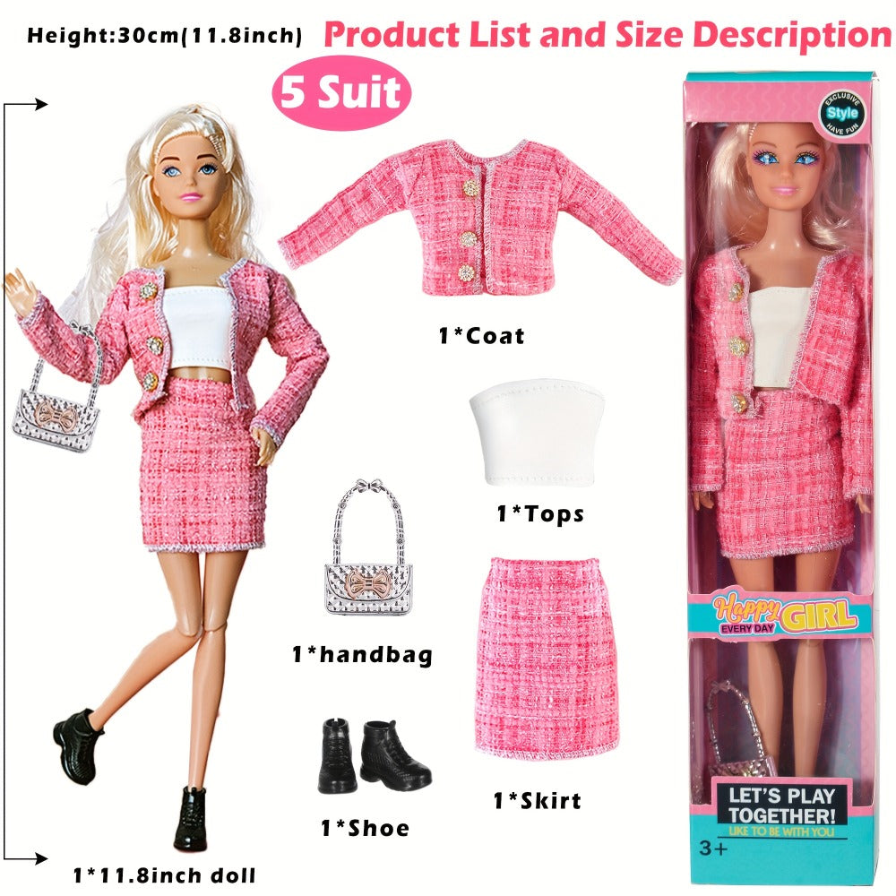 Six-Piece 11.5-Inch Fashion Doll Set with Mixed Outfits, Handbags, Hats, Necklaces and Suitcase Accessories