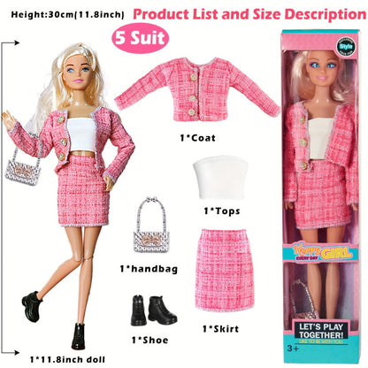 Six-Piece 11.5-Inch Fashion Doll Set with Mixed Outfits, Handbags, Hats, Necklaces and Suitcase Accessories