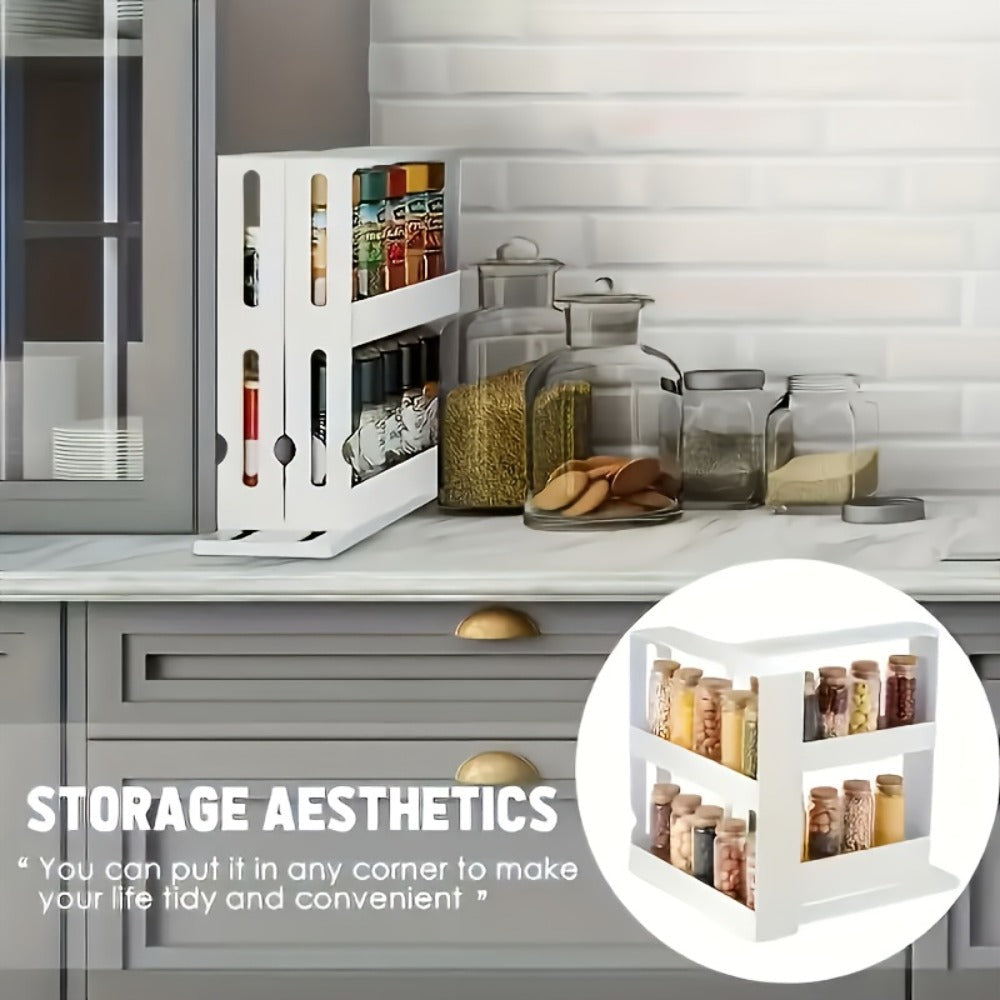 Rotating Spice Rack 2-Tier Turntable – Large Capacity Pull-Out Kitchen Organizer for Countertop & Cabinet