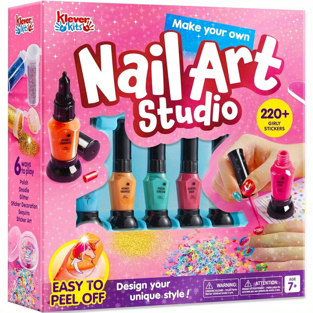 Kids Nail Art Kit for Girls, Nail Polish Set with Glitter Stickers & Sequins 220+ Designs for Home and Salon Manicures