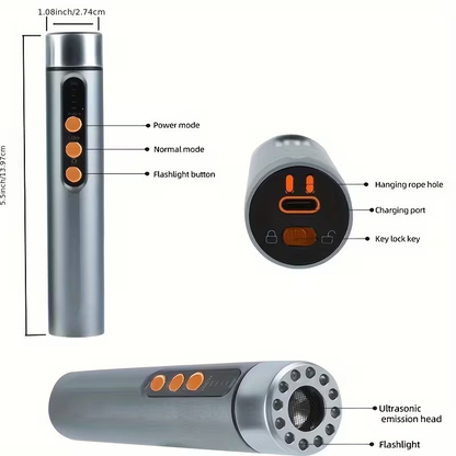 Cylindrical Rechargeable Ultrasonic Dog Training Aid with Flashlight and Green or Silver Finish