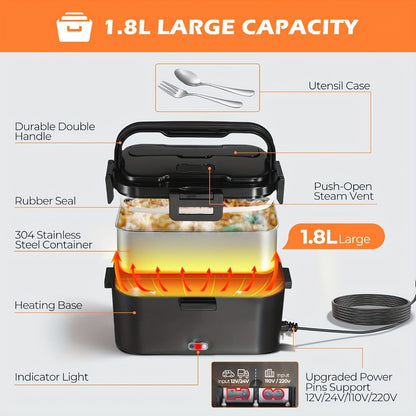 Electric Lunch Box Portable Food Warmer 60oz, 110V Home & 12V/24V Car Heated Meal Container, Stainless Steel