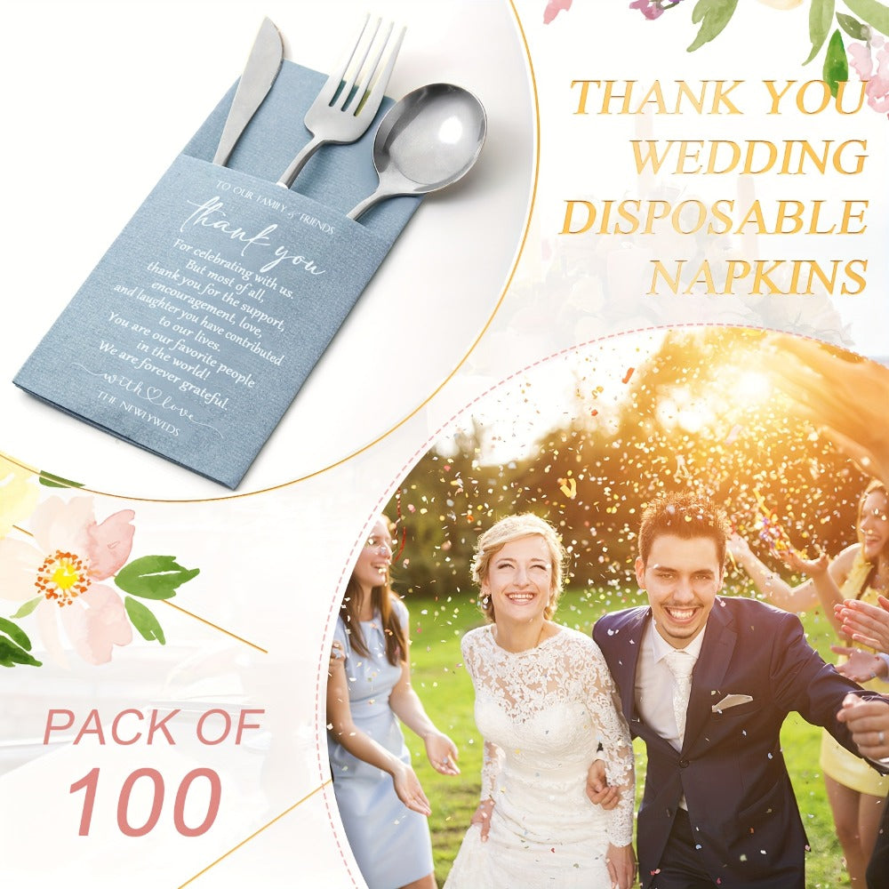 Wedding Cocktail Napkins 100pcs Thank You Napkins with Utensil Pocket Haze Blue Tissue Napkins for Bridal Shower Rehearsal Dinner Reception