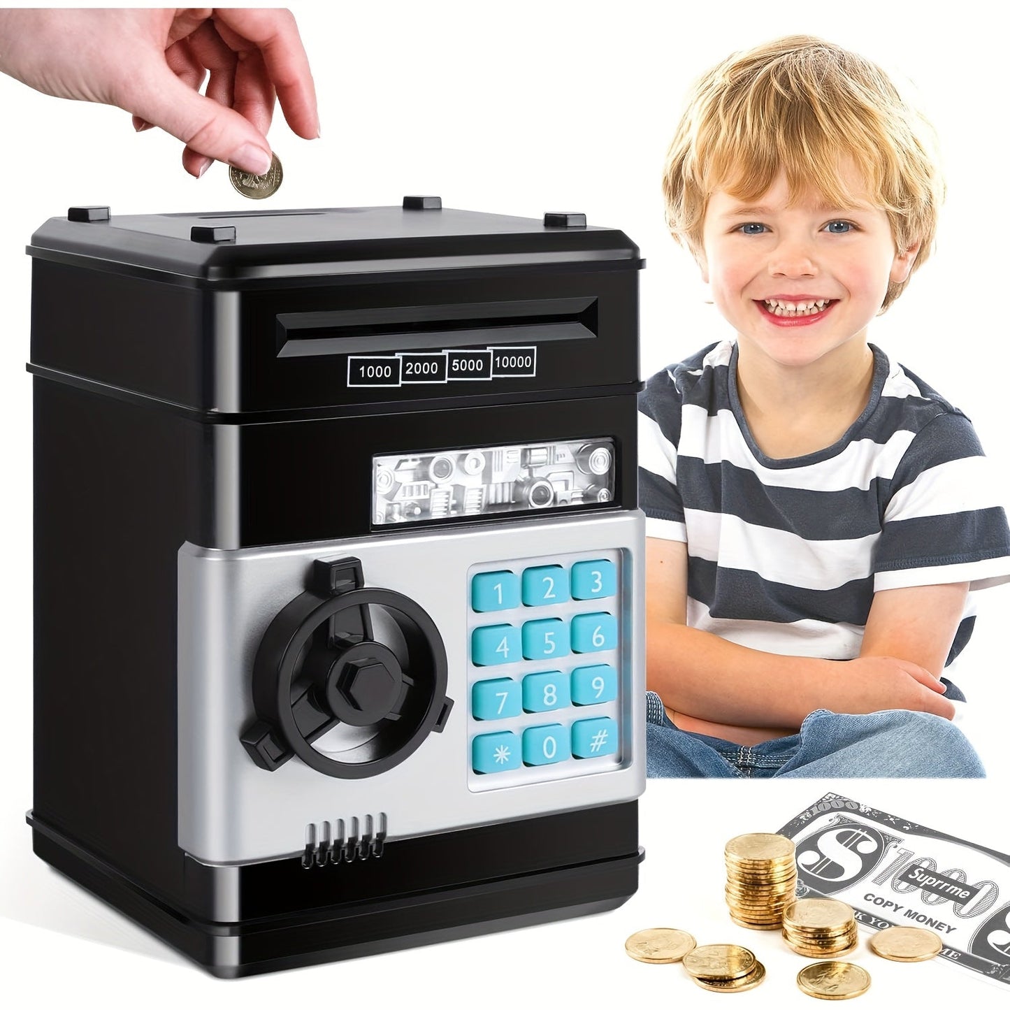 Electronic ATM Piggy Bank for Kids, Digital Coin & Cash Money Bank with Password Lock, Holds 600 Coins or 100 Bills