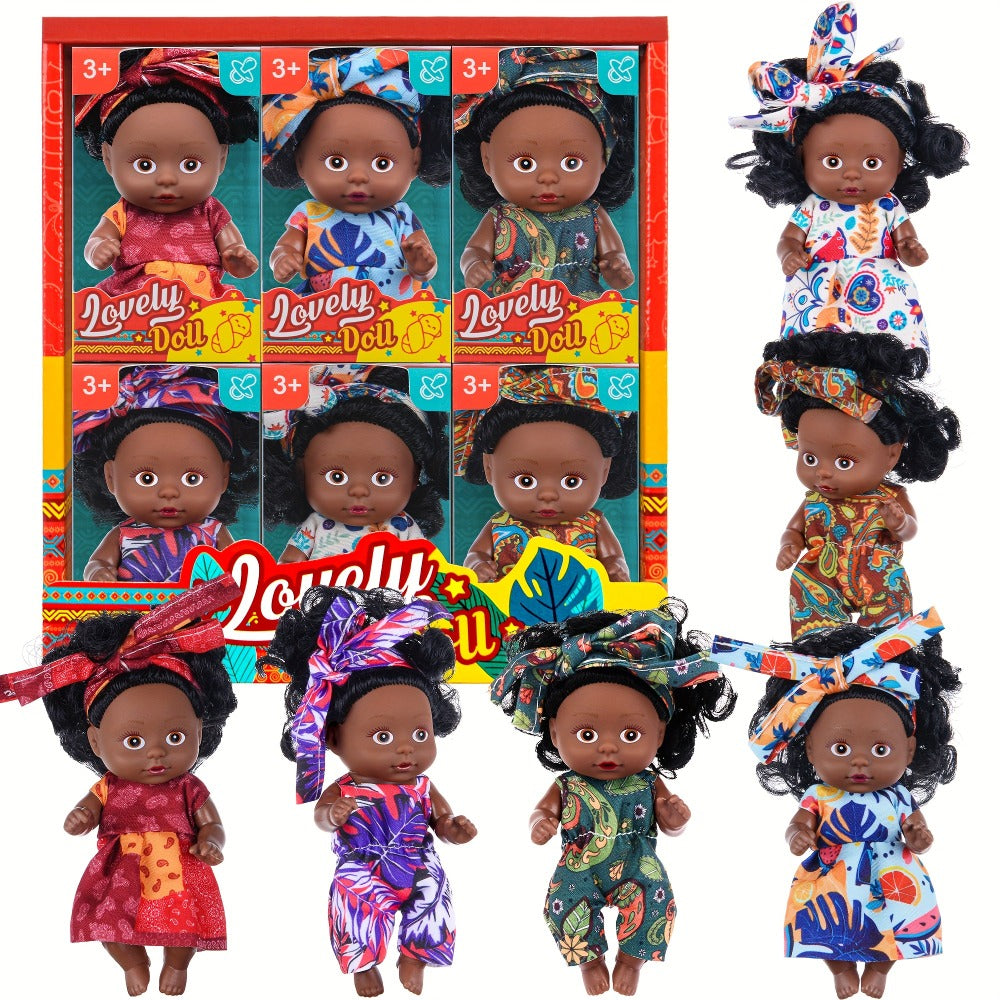 Mini Baby Doll Six-Piece Set with Dark Skin Tones, 4.53-Inch Dolls, Curly Hair and Patterned Outfits