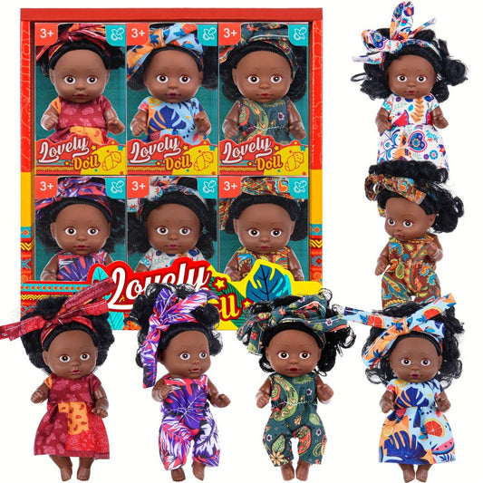 Mini Baby Doll Six-Piece Set with Dark Skin Tones, 4.53-Inch Dolls, Curly Hair and Patterned Outfits