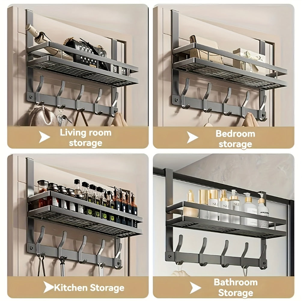 Over-the-Door Storage Rack with Metal Basket Shelf, 4 to 8 Hooks and Gray or Black Length Options