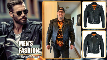 Motorcycle Leather Jacket Men – Heavy Duty Cowhide, Classic Black, Multiple Pockets, Adjustable Laces, Sizes S–XXXXL