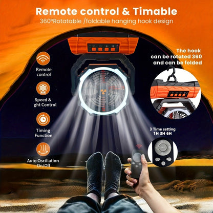 20000mAh-Label Four-Speed Dual-Motor Camping Fan with Remote, Hook and Four Lantern Panels