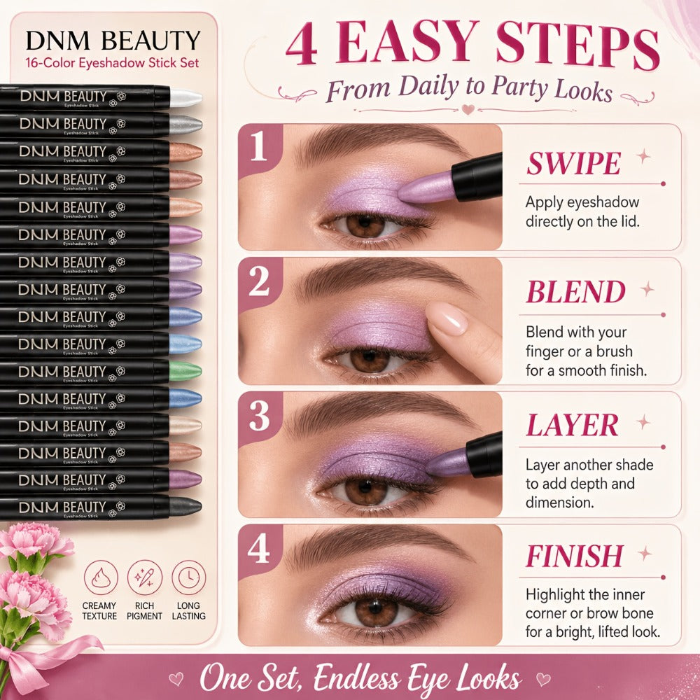 Highly Pigmented Eyeshadow Stick Set 16 Colors Waterproof Matte & Shimmer Eye Makeup Pencil Kit