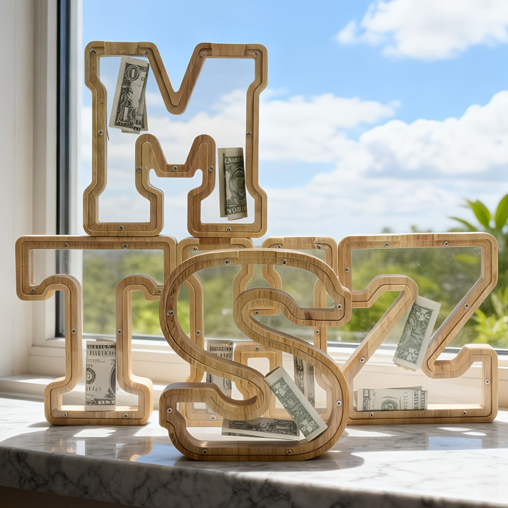 Alphabet Wooden Money Bank for Adults A to Z Letter Piggy Bank – Personalized Coin Bank Home Decor Craft Art Decoration