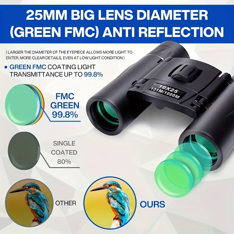 Compact 10x25 Pocket Binoculars with Smartphone Adapter, Center Focus and Folding Body in Black