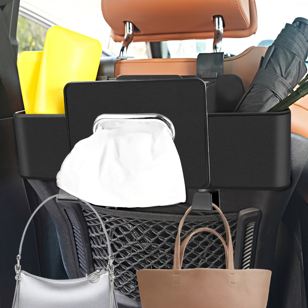 Compact Headrest-Hanging Car Organizer with Two Cup Pockets, Tissue Opening, Hooks and Five Pack Options