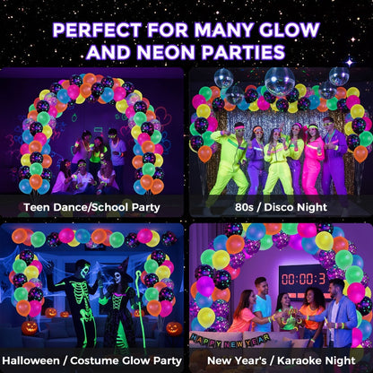 UV Neon Balloon Party Supplies Set with 42 12-Inch Star-Print Balloons for Blacklight Decor