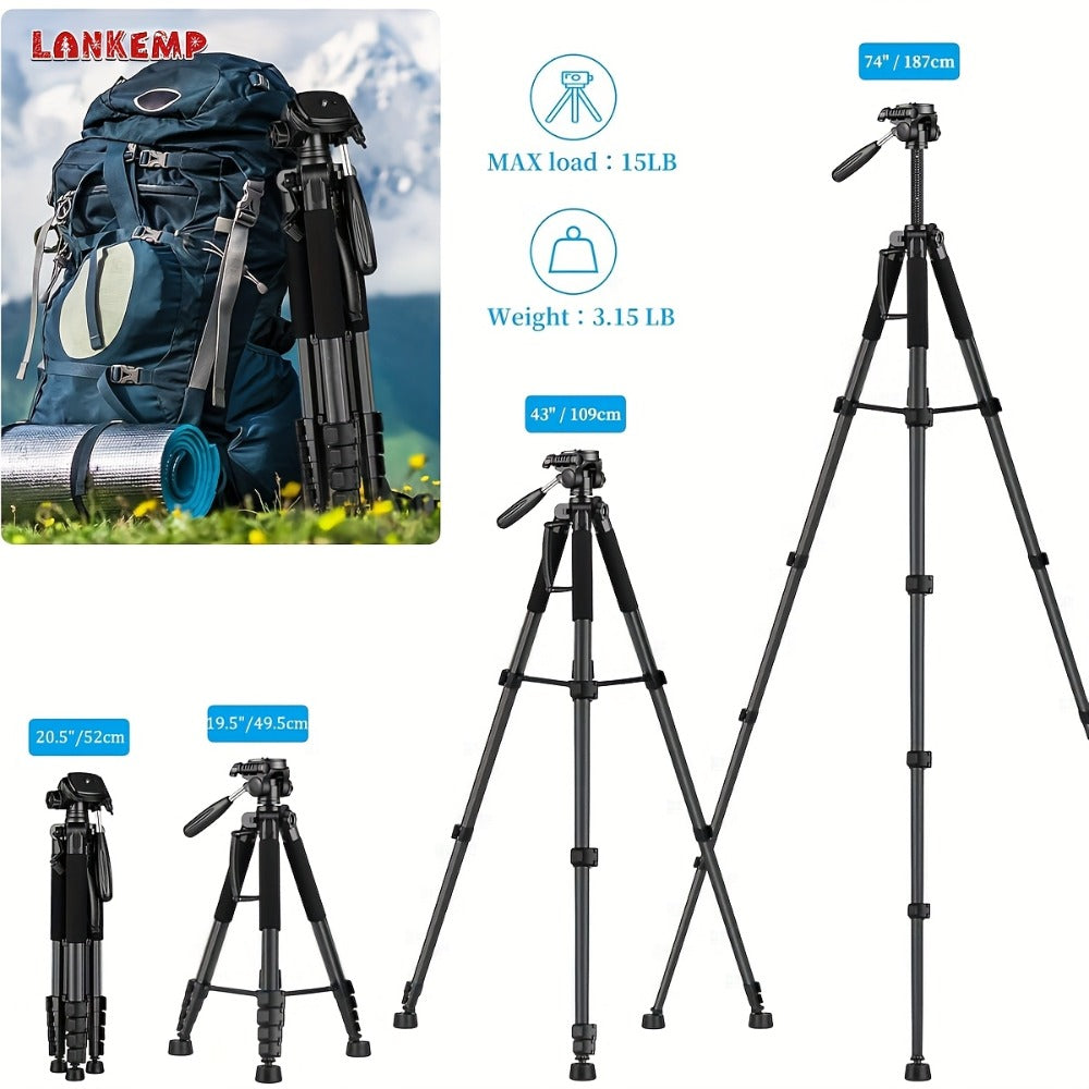 74-Inch Aluminum Camera Tripod in Black with Three-Way Pan Head, Two Quick-Release Plates, Phone Clip and Carry Bag