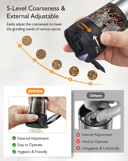 Electric Salt and Pepper Grinder Set Rechargeable USB Large with Base Adjustable Coarseness LED Display Kitchen Gift Silver Black