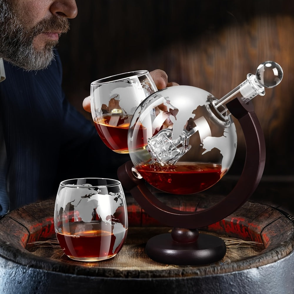 Whiskey Decanter Set with Glasses and Wooden Stand Ball Globe 28oz or Sailboat 44oz Etched for Home Cooking, Dining and Outdoor Meals
