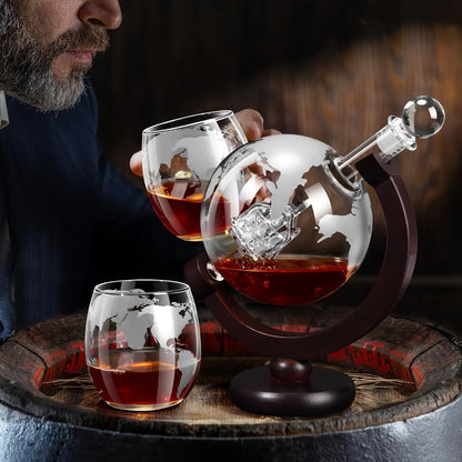 Whiskey Decanter Set with Glasses and Wooden Stand Ball Globe 28oz or Sailboat 44oz Etched for Home Cooking, Dining and Outdoor Meals