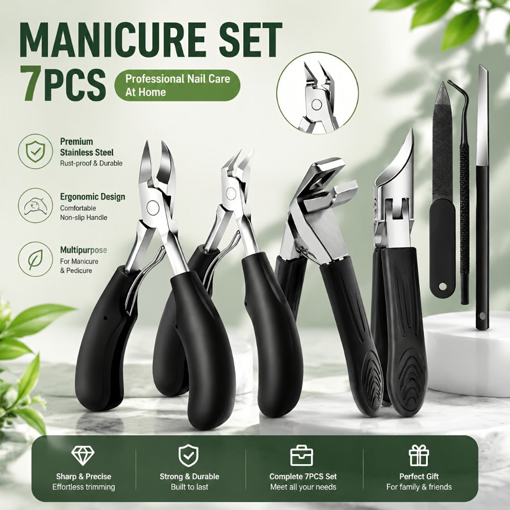 Nail Clipper Kit 7 Piece Heavy Duty for Men Professional Stainless Steel Thick Toenail Care Set – Nail File Cuticle Clipper Ergonomic Black