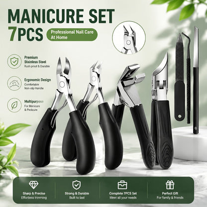 Nail Clipper Kit 7 Piece Heavy Duty for Men Professional Stainless Steel Thick Toenail Care Set – Nail File Cuticle Clipper Ergonomic Black