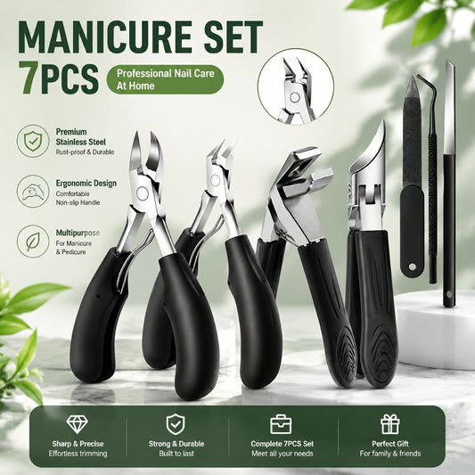 Nail Clipper Kit 7 Piece Heavy Duty for Men Professional Stainless Steel Thick Toenail Care Set – Nail File Cuticle Clipper Ergonomic Black