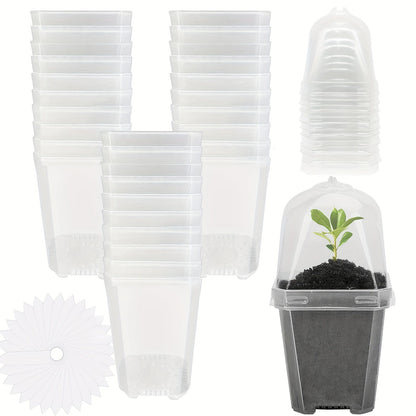 Clear Nursery Pots 3 Inch with Humidity Dome Lids 30pcs | Stackable Seed Starter Pots | Built-In Labels | Succulents Seedlings Cuttings