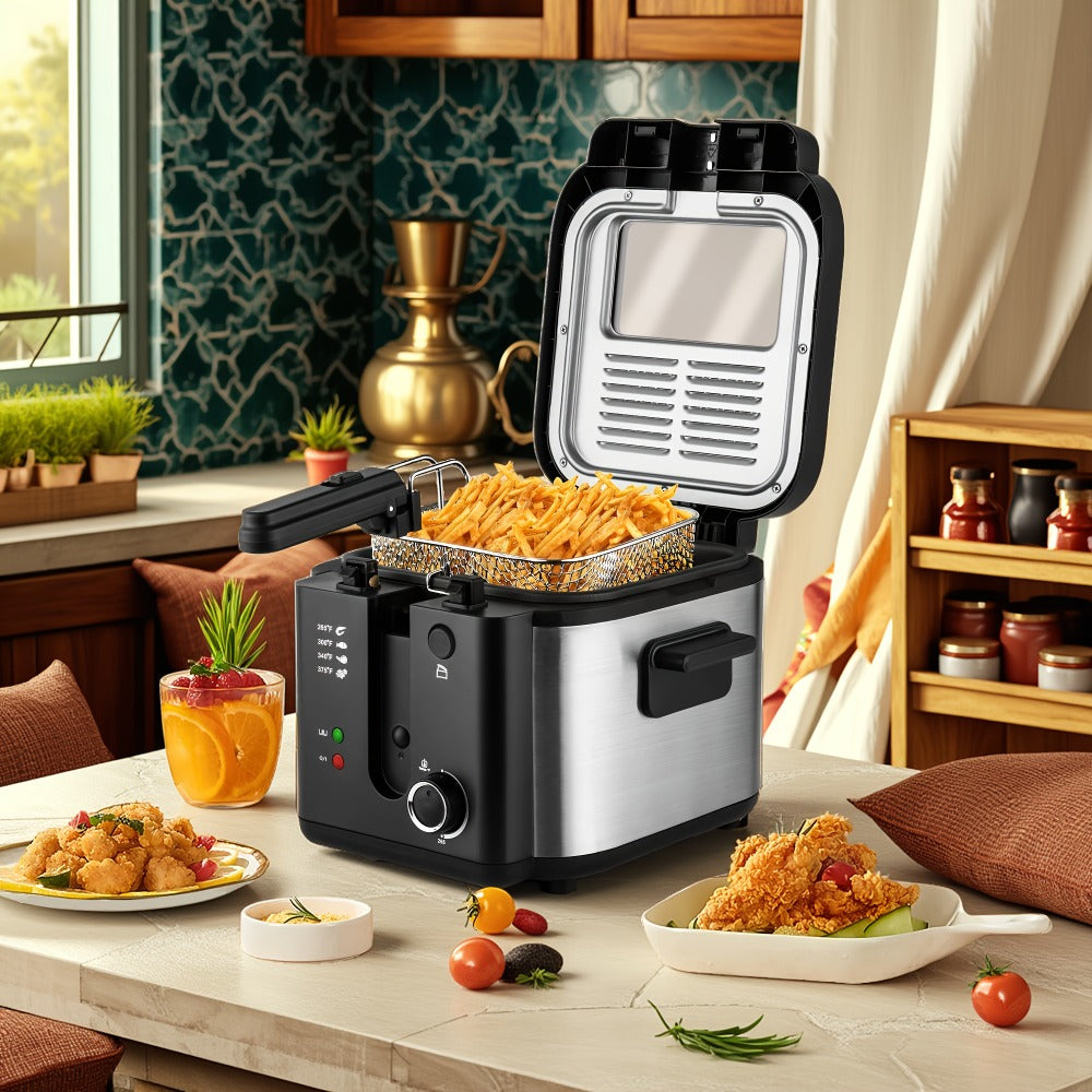 1500W Black Deep Fryer with 1.5L or 2.5L Capacity, Windowed Removable Lid and Temperature Dial