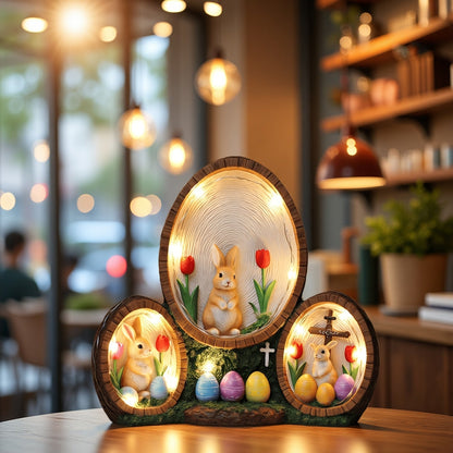 Handmade Resin Easter Egg Ornament - Painted Tulip Rabbit & Cross Decoration, Glowing Home Decor Accent for Easter